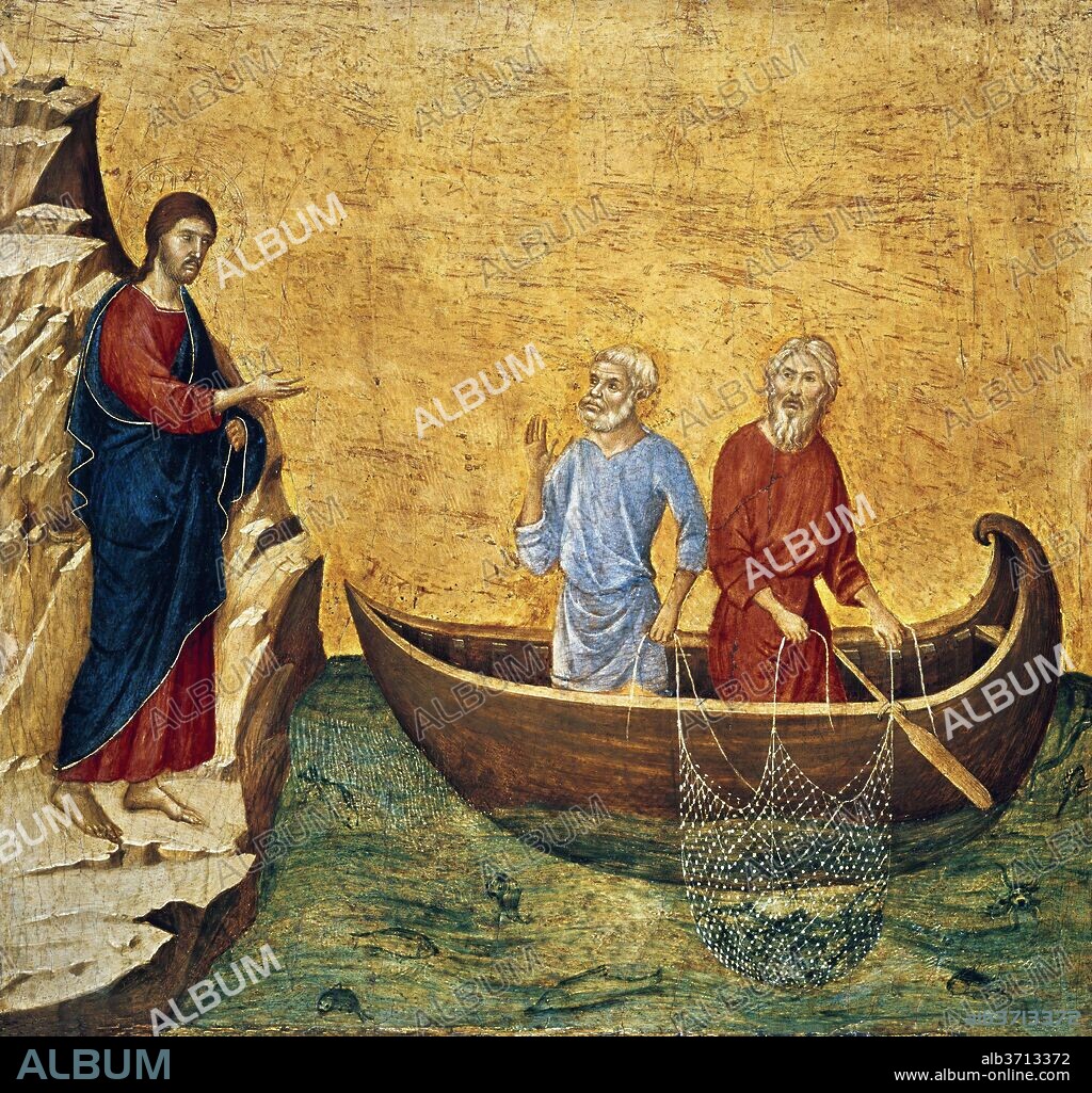 DUCCIO DI BUONINSEGNA. The Calling of the Apostles Peter and Andrew. Dated: 1308-1311. Dimensions: painted surface: 42.7 × 45.5 cm (16 13/16 × 17 15/16 in.)  overall: 43.3 × 46.2 × 4.4 cm (17 1/16 × 18 3/16 × 1 3/4 in.)  framed: 53.3 x 55.9 x 4.4 cm (21 x 22 x 1 3/4 in.). Medium: tempera on panel.