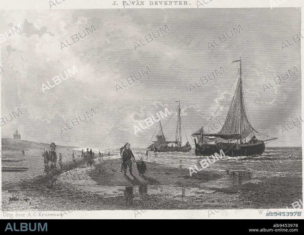 Boats on the beach, Willem Steelink (I), after Jan Frederik van Deventer, 1865, Three sailing ships are anchored at the beach. People are walking on the beach., print maker: Willem Steelink (I), (mentioned on object), Jan Frederik van Deventer, (mentioned on object), publisher: Arie Cornelis Kruseman, (mentioned on object), Haarlem, 1865, paper, steel engraving, etching, h 105 mm × w 167 mm.
