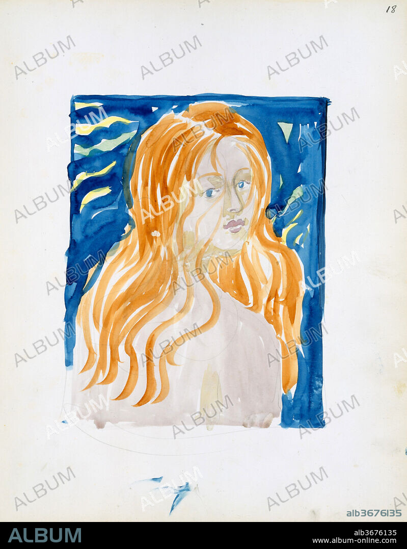Large Boston Public Garden Sketchbook: A  nude woman with red hair. Artist: Maurice Brazil Prendergast  (American, St. John's, Newfoundland 1858-1924 New York). Dimensions: 14 1/8 x 11 3/16 in.  (35.8 x 28.4 cm). Date: 1895-97.
This half-length study of a nude woman is unique in Prendergast's Boston work of the 1890s.  Overtly sexual, the red-headed woman recalls sirens in the artist's sketches of men's smoking fantasies for J.M. Barrie's My Lady Nicotine (on display in exhibition).  The loose, broad undulating brushwork is anomalous in the context of the Public Garden Sketchbook watercolors.