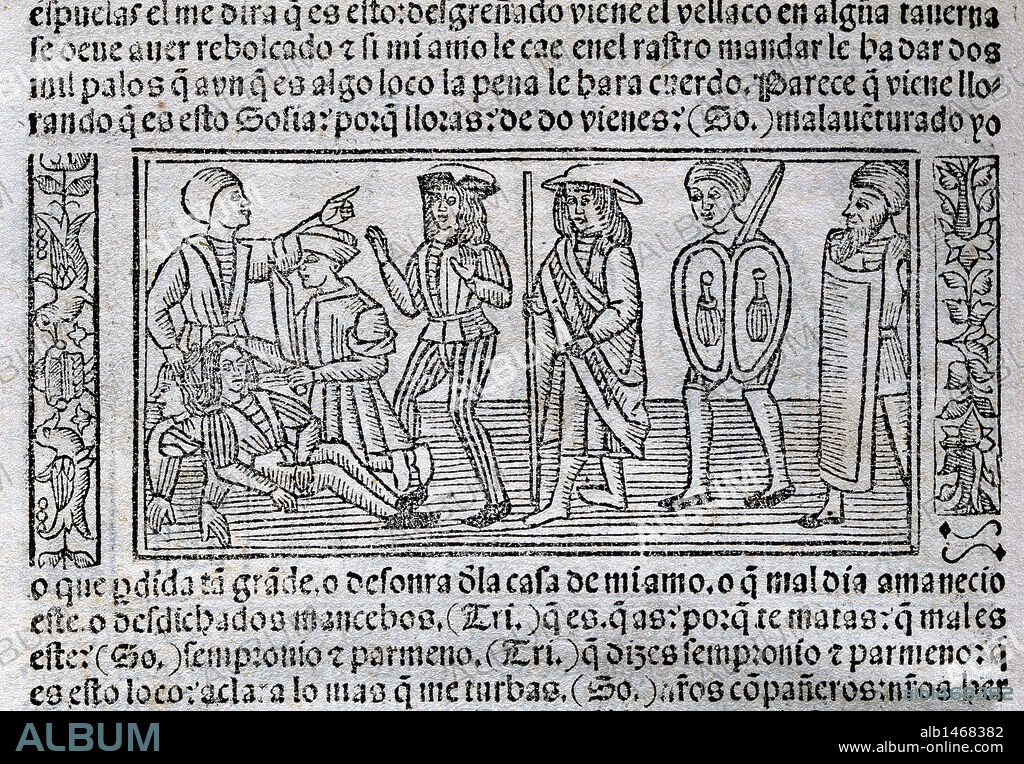 LITERATURA CASTELLANA. S. XV. "LA CELESTINA" o "TRAGICOMEDIA DE CALISTO Y MELIBEA" (1499), obra escrita por Fernando DE ROJAS (Puebla de Montalbán, h. 1465-Talavera de la Reina, 1541), escritor español de familia judía convertido al cristianismo. Grabado con ESCENA DE LA OBRA de la edición impresa en Burgos en 1531. Biblioteca de Catalunya. Barcelona.
