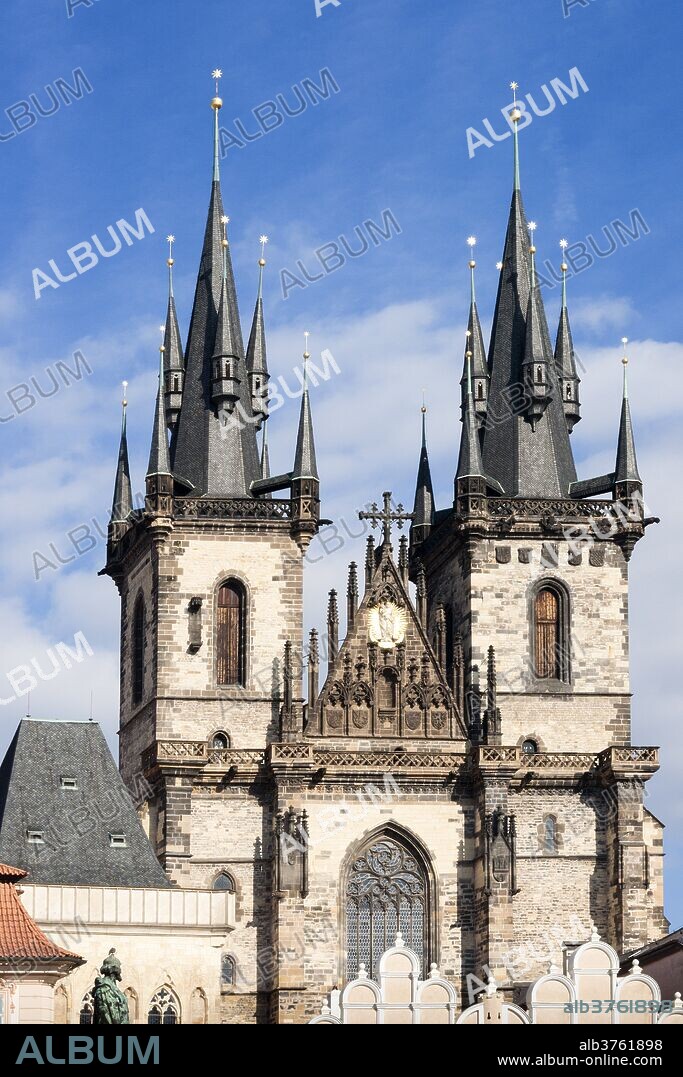 Twin Gothic steeples of Church of Our Lady before Tyn, Old Town iconic landmark, UNESCO World Heritage Site, Prague, Czech Republic, Europe.