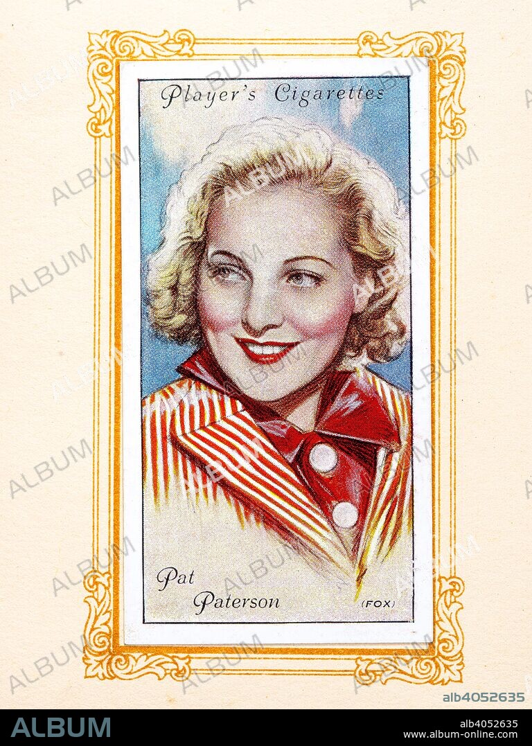 Pat Paterson, 1934. Pat Paterson (10 April 1910 - 24 August 1978) was an Anglo-Scottish film actress, born in Bradford, West Riding of Yorkshire, England.  From An Album of Film Stars; Second Series issued by John Player & Sons. [Imperial Tobacco & Co Ltd, 1934].