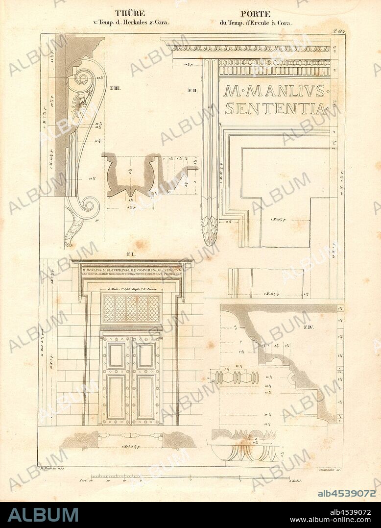 Thüre v. Temp. d. Herkules z. Cora, Door of the Temple of Hercules in Cori, signed: J.M. Mauch del. 1838, Grüzmacher (sc.), M. 94, after p. 116, Mauch, Johann Matthäus von (del.), Grüzmacher (sc.), Johann Matthäus von Mauch: Neue systematische Darstellung der architektonischen Ordnungen der Griechen, Römer und neuern Baumeister. Dritte Auflage. Potsdam: Verlag von Ferdinand Riegel, 1845.