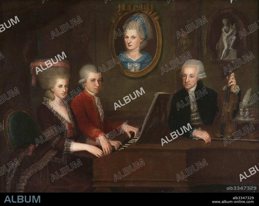 JOHANN NEPOMUK DELLA CROCE. Wolfgang Amadeus Mozart with sister Maria Anna and father Leopold, on the wall a portrait of the deceased mother, Anna Maria.