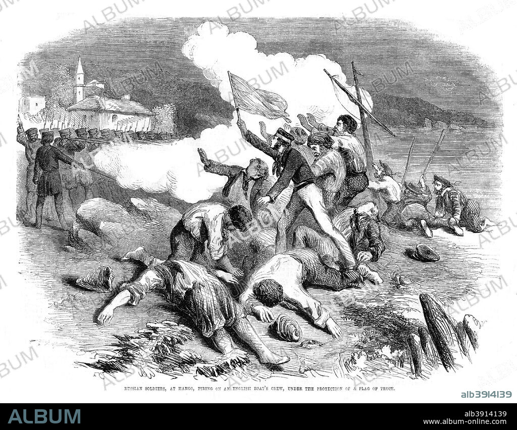Russian soldiers firing on an English boat's crew, under the protection of a flag of truce, 1855. Depiction of an incident at Hango, in what is modern Finland, during the Crimean War. An engraving from the Cassell's Illustrated Family Paper, (London, 1855).