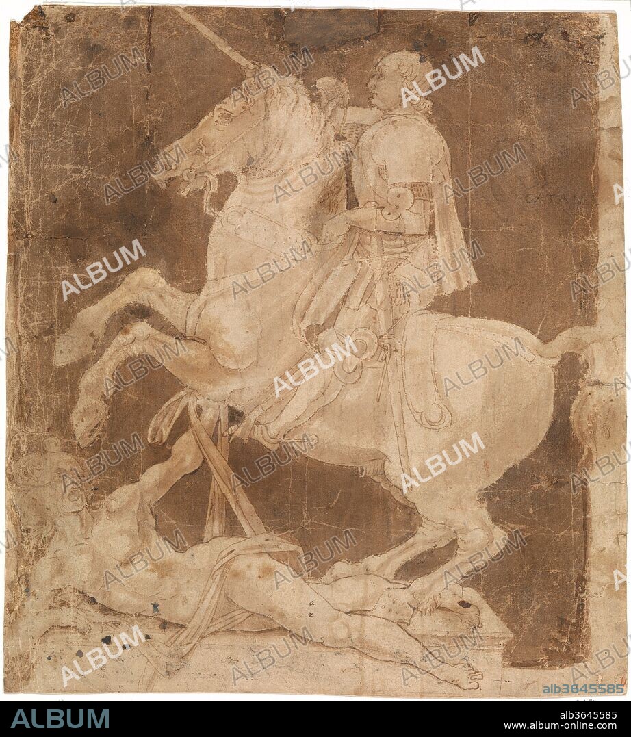 Study for the Equestrian Monument to Francesco Sforza. Artist: Antonio Pollaiuolo (Italian, Florence ca. 1432-1498 Rome). Dimensions: 11 1/16 x 10 in.  (28.1 x 25.4 cm). Date: early to mid 1480s.
This celebrated drawing was made by the Florentine painter, sculptor, engraver, and goldsmith Antonio Pollaiuolo. The sixteenth-century historian Giorgio Vasari, who owned the sheet and may have added the brown wash around the figures, seems to have described this drawing in his biography of Pollaiuolo (Lives of the Artists) of 1568. It represents a design for the bronze equestrian monument commissioned by Ludovico Sforza (1480-94, de facto ruler of Milan; 1494-99, Duke of Milan) in honor of his father, Francesco Sforza. This sheet (as well as its pendant, Staatliche Graphische Sammlung, Munich, inv. 1908.168) could have served as a presentation drawing for Ludovico, who may have arranged a competition between the artist and Leonardo da Vinci, who arrived at the Milanese court in the early 1480s. Leonardo, who won the commission, produced studies for the project from the early 1480s to the late 1490s, though the ill-fated monument was never completed.