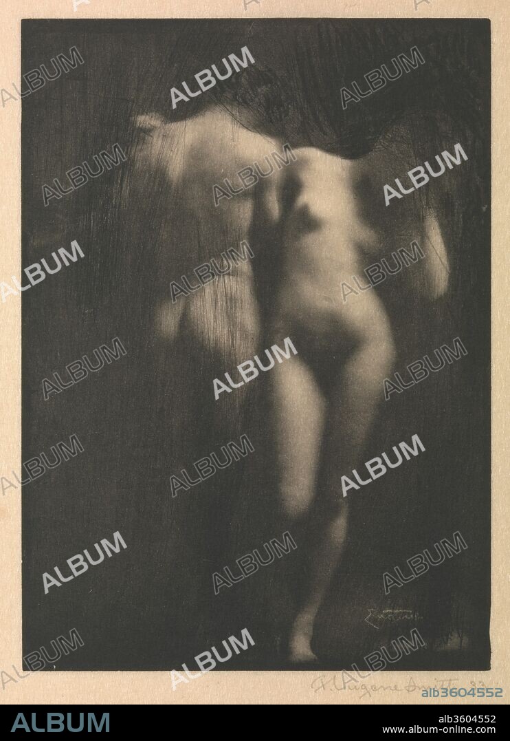 Adam and Eve. Artist: Frank Eugene (American, New York 1865-1936 Munich). Dimensions: 17.8 x 12.8 cm. (7  x 5  1/16  in.). Date: 1900s, printed 1909.
Born in New York to immigrant parents, Eugene was one of many young German-Americans to travel to Munich to study at the Royal Bavarian Academy of Arts. Alfred Stieglitz and the influential art critic Sadakichi Hartmann promoted Eugene's Pictorialist photographs in exhibitions and publications such as Camera Work, where this photograph appeared in 1910. Eugene's interest in a variety of artistic media is seen in the bold manipulation of his negatives. He used paintbrushes, etching needles, and pencils to rework his compositions, thus proclaiming their status as art. This photogravure--a print created from a photomechanically etched copper plate--depicts a classic subject from the annals of art history, the deep chiaroscuro and scratched surface suggesting Adam and Eve after the fall.
