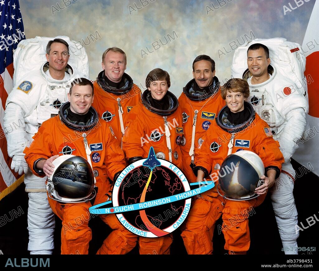 These seven astronauts take a break from training to pose for the STS-114 crew portrait. In front are astronauts Eileen M. Collins (right), commander; Wendy B. Lawrence, mission specialist; and James M. Kelly, pilot. In back are astronauts Stephen K. Robinson (left), Andrew S. W. Thomas, Charles J. Camarda, and Soichi Noguchi, all mission specialists. Noguchi represents Japan Aerospace Exploration Agency (JAXA). STS-114 was the first "Return to Flight" Space Shuttle mission following the Columbia disaster. Discovery launched on July 26, 2005, at 10:39 EDT. Discovery delivered supplies to the ISS, but the major focus of the mission was testing and evaluating new flight safety techniques, and inspection and repair techniques.