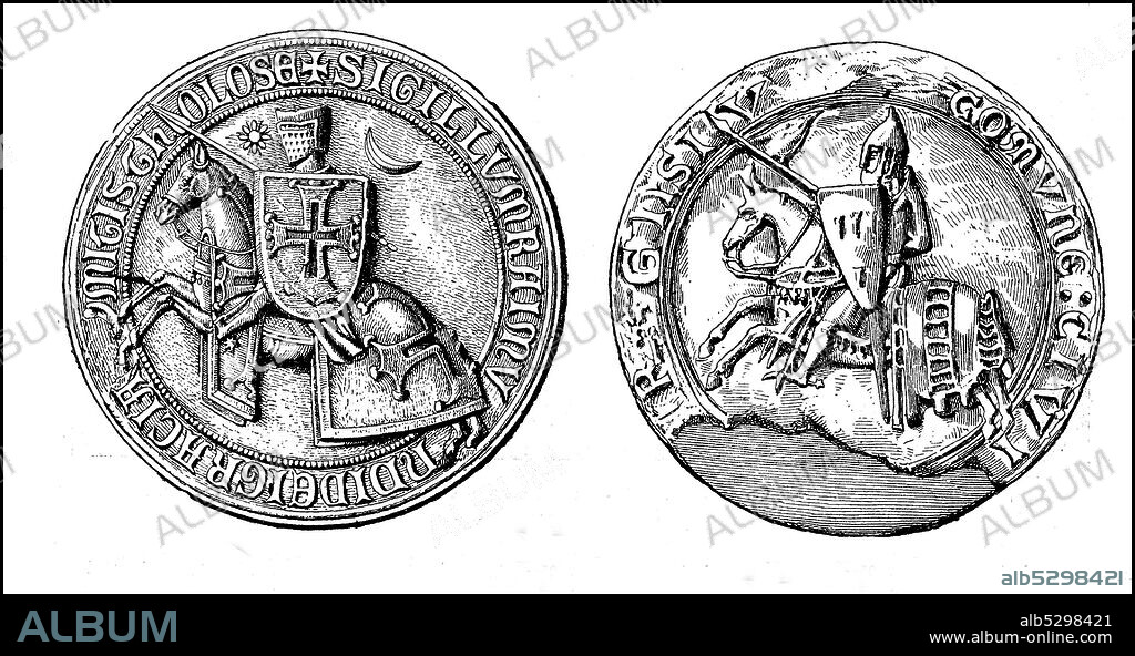 Seal of Raimund VI. of Toulouse and Simon de Montfort, Cathars Lateran Council in 1215  /  Siegel von Raimund VI. von Toulouse und von Simon von Montfort, Katharer, Laterankonzil 1215, Historisch, historical, digital improved reproduction of an original from the 19th century / digitale Reproduktion einer Originalvorlage aus dem 19. Jahrhundert,.