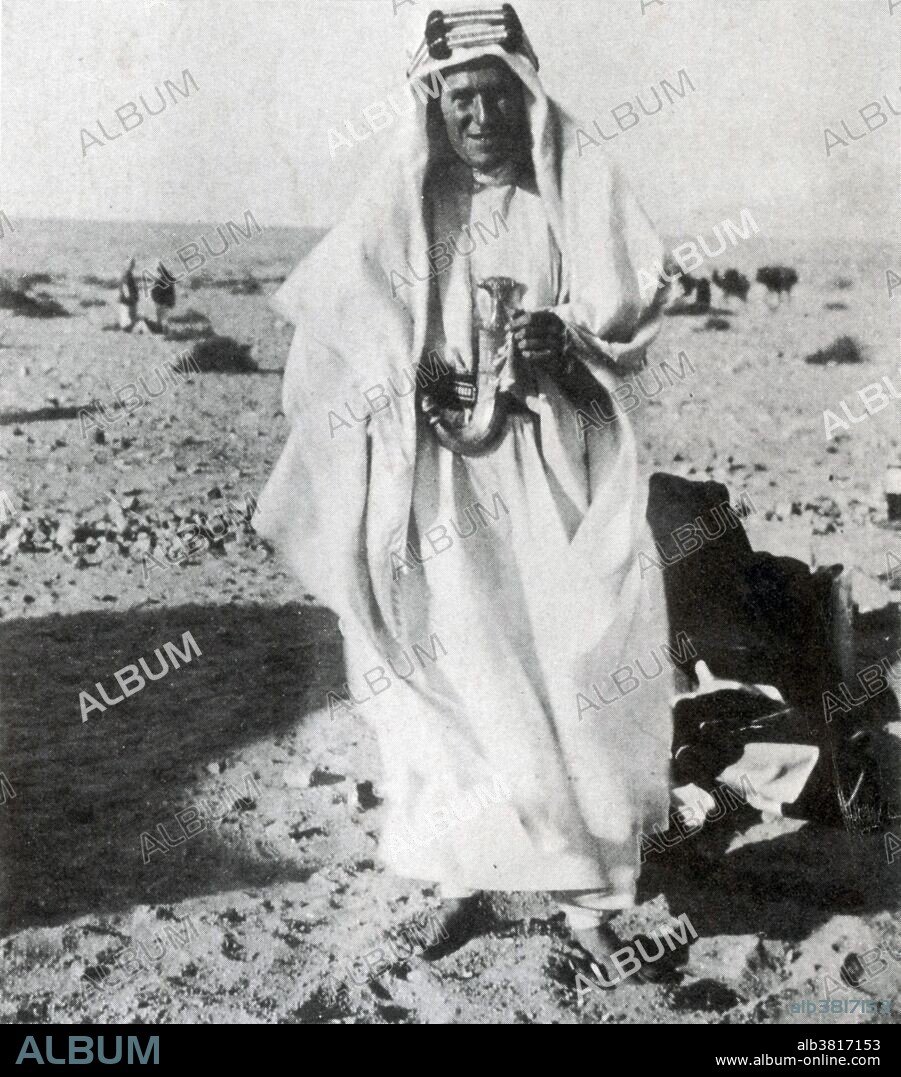 Undated photograph of T.E. Lawrence in traditional Arab garb. Thomas Edward Lawrence (August 16, 1888 - May 19, 1935), known professionally as T. E. Lawrence, was a British Army officer renowned especially for his liaison role during the Sinai and Palestine Campaign and the Arab Revolt against Ottoman Turkish rule of 1916-18, earned him international fame as Lawrence of Arabia. He studied history at Jesus College, graduating with First Class Honors. He became a practicing archeologist in the Middle East, working at various excavations with David George Hogarth and Leonard Woolley. In 1908 he joined the Oxford University Officer Training Corps, undergoing a two year training course. In January 1914, before the outbreak of World War I, Lawrence was co-opted by the British Army to undertake a military survey of the Negev Desert while doing archeological research. His public image resulted in part from the sensationalized reportage of the revolt by an American journalist, Lowell Thomas, as well as from Lawrence's autobiographical account, Seven Pillars of Wisdom (1922). In 1935, he was fatally injured in a motorbike crash and died at the age of 46.