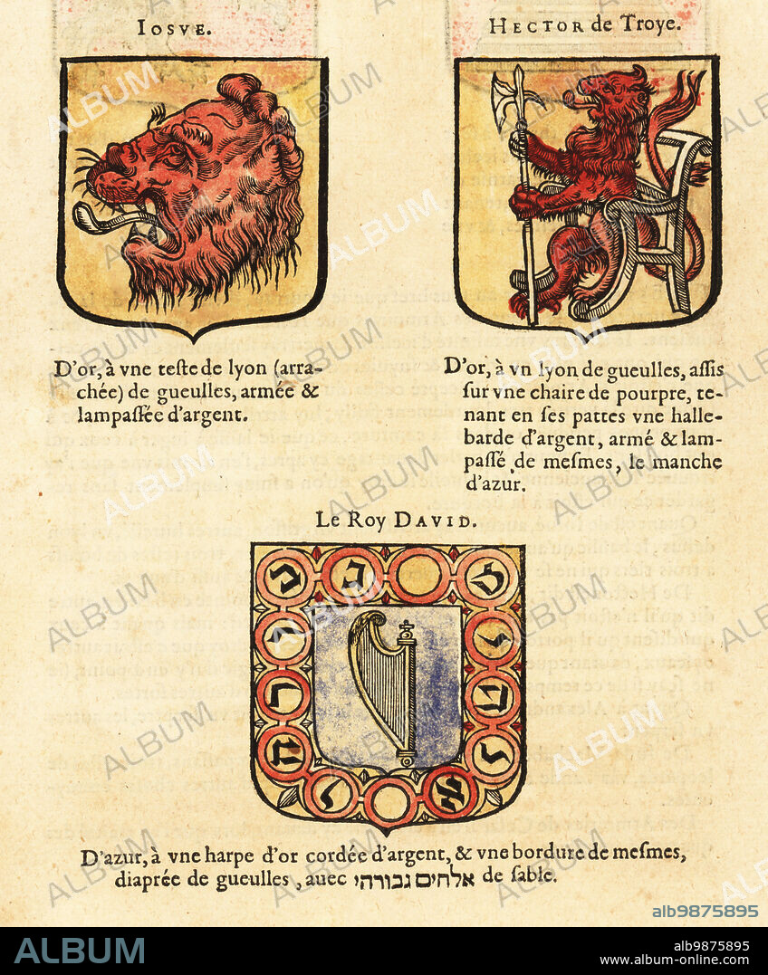 Coats of arms of the Nine Worthies: Joshua with lions head, Hector of Troy with lion in a chair, and King David with harp and Hebrew characters. JOSUE, HECTOR de Troye, Le Roy DAVID. Handcoloured woodblock engraving from Hierosme de Baras Le Blason des Armoiries, Chez Rolet Boutonne, Paris, 1628.