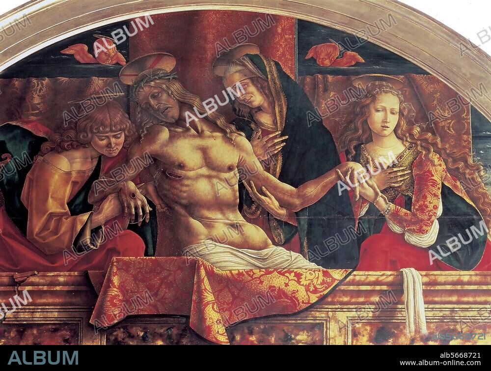 CARLO CRIVELLI (PEINTRE). Crivelli, Carlo ; 1430/35 - 1500. "Pietà", 1493. Huile sur bois, H. 1,28 ; L. 2,55. (Lunette du triptyque de la Vierge). Milan, Pinacoteca di Brera.
