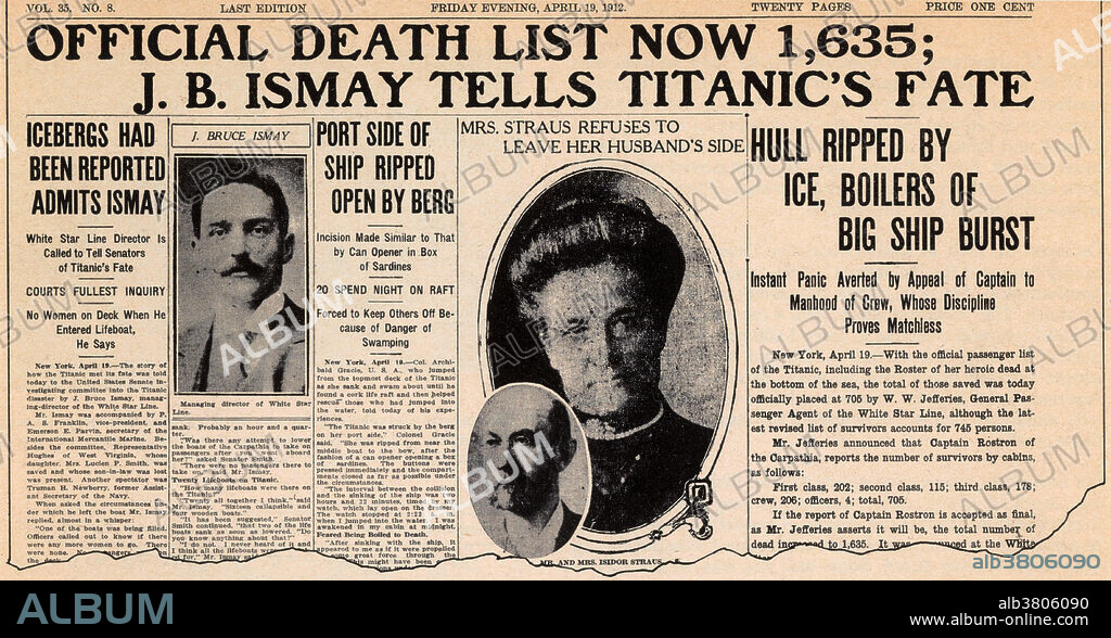 Newspaper page from April 19th, 1912, about the sinking of the Titanic. RMS Titanic, the largest ocean liner ever built at the time, was reputed to be unsinkable. However, during its maiden voyage it struck an iceberg in the North Atlantic on the night of 14 April 1912 and sank with the loss of 1517 lives.