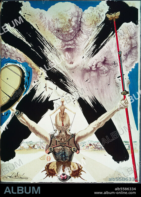 SALVADOR DALÍ. Cervantes, Miguel de; span. Dichter. 1547-1616. Werke: Don Quijote (2 Tle., 1605, 1615). "Don Quijote". Farblithographie, 1957, von Salvador Dalí (1904-1989). Aus der Serie: Pages Choisies de Don Quichotte de la Mancha, Paris (Joseph Foret) 1957. Paris, Bibliothèque Nationale.