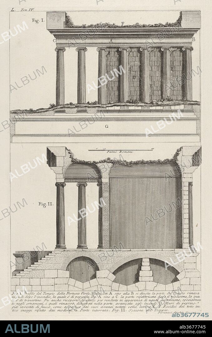 Profile of the Temple of Fortuna Virilis (Profilo del Tempio della Fortuna Virile), and section of the temple, from the series 'Le Antichità Romane'. Artist: Giovanni Battista Piranesi (Italian, Mogliano Veneto 1720-1778 Rome). Dimensions: Sheet: 20 3/8 x 14 13/16 in. (51.8 x 37.6 cm)
Plate: 15 3/8 x 9 11/16 in. (39.1 x 24.6 cm). Series/Portfolio: Le Antichità Romane. Date: 1756.