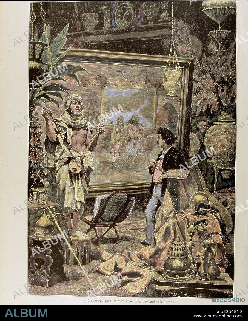 MARIANO FORTUNY. FORTUNY, MARIANO. PINTOR ESPA¿OL. REUS 1838-1874. "EL ULTIMO PROYECTO DE FORTUNY". DIBUJO DE R. TUSQET. GRABADO COLOREADO. ILUSTRACION ESPA¿OLA Y AMERICANA.