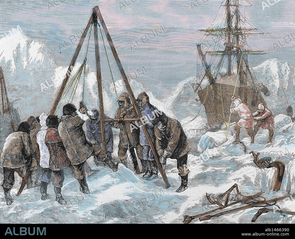 WILLIAM HEYSBAM OVEREND (basado en). NARES, Sir George Strong (Aberdeen,1831-Surbiton, 1915). Marino y explorador británico. Participó en varias expediciones a los mares árticos y a los del Sur. LA TRIPULACION DEL "DISCOVERY ALERT" CORTANDO EL HIELO PARA LA LIBRE NAVEGACION DEL BUQUE". Expedición que penetró en el canal Smith (1875). Grabado coloreado del siglo XIX.