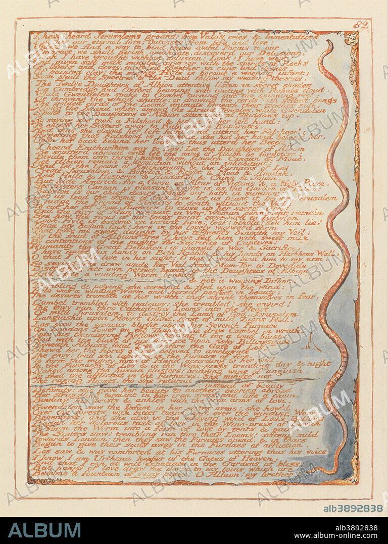 WILLIAM BLAKE. Jerusalem, Plate 82, "I have heard Jerusalems groans....". Date/Period: 1804 to 1820. Print. Orange print, pen, black ink and watercolor on cream-colored paper (Relief etching printed in orange with pen and black ink and watercolor on moderately thick, smooth, cream wove paper). Height: 222 mm (8.74 in); Width: 162 mm (6.37 in).