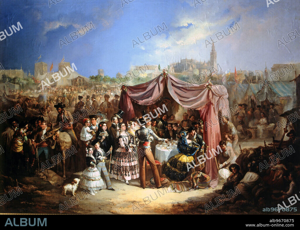 MANUEL RODRÍGUEZ DE GUZMÁN. RODRIGUEZ DE GUZMAN , MANUEL. PINTOR ESPAÑOL . SEVILLA 1818 - 1887. " FERIA DE SEVILLA " , OLEO AÑO 1883. PALACIO REAL . MADRID. PÀTRIMONIO NACIONAL. SEVILLA PINTADO.