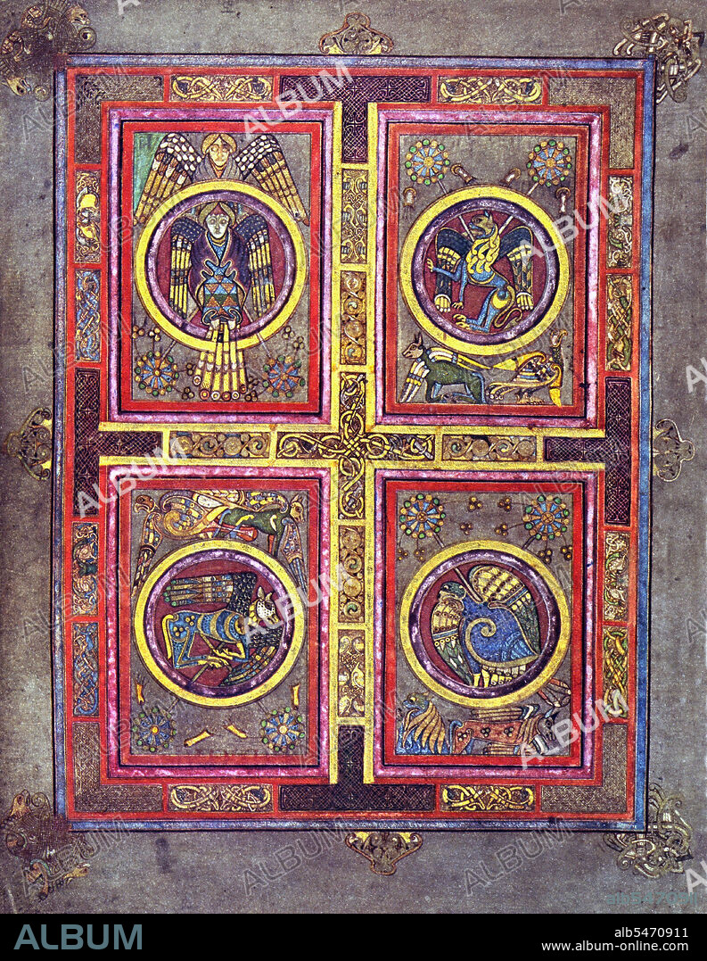 The Book of Kells (Irish: Leabhar Cheanannais) (Dublin, Trinity College Library, MS A. I. (58), sometimes known as the Book of Columba) is an illuminated manuscript Gospel book in Latin, containing the four Gospels of the New Testament together with various prefatory texts and tables. It was created by Celtic monks ca. 800 or slightly earlier. The text of the Gospels is largely drawn from the Vulgate, although it also includes several passages drawn from the earlier versions of the Bible known as the Vetus Latina. It is a masterwork of Western calligraphy and represents the pinnacle of Insular illumination. It is also widely regarded as Ireland's finest national treasure. The illustrations and ornamentation of the Book of Kells surpass that of other Insular Gospel books in extravagance and complexity. The decoration combines traditional Christian iconography with the ornate swirling motifs typical of Insular art. Figures of humans, animals and mythical beasts, together with Celtic knots and interlacing patterns in vibrant colours, enliven the manuscript's pages. Many of these minor decorative elements are imbued with Christian symbolism and so further emphasise the themes of the major illustrations. The manuscript today comprises 340 folios and, since 1953, has been bound in four volumes. The leaves are on high-quality calf vellum, and the unprecedentedly elaborate ornamentation that covers them includes ten full-page illustrations and text pages that are vibrant with decorated initials and interlinear miniatures and mark the furthest extension of the anti-classical and energetic qualities of Insular art. The Insular majuscule script of the text itself appears to be the work of at least three different scribes. The lettering is in iron gall ink, and the colours used were derived from a wide range of substances, many of which were imports from distant lands. The manuscript takes its name from the Abbey of Kells that was its home for centuries. Today, it is on permanent display at the Trinity College Library, Dublin.