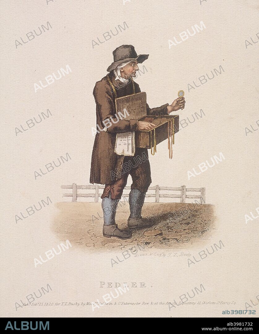 Pedlar with his box of wares hung around his neck, 1820.