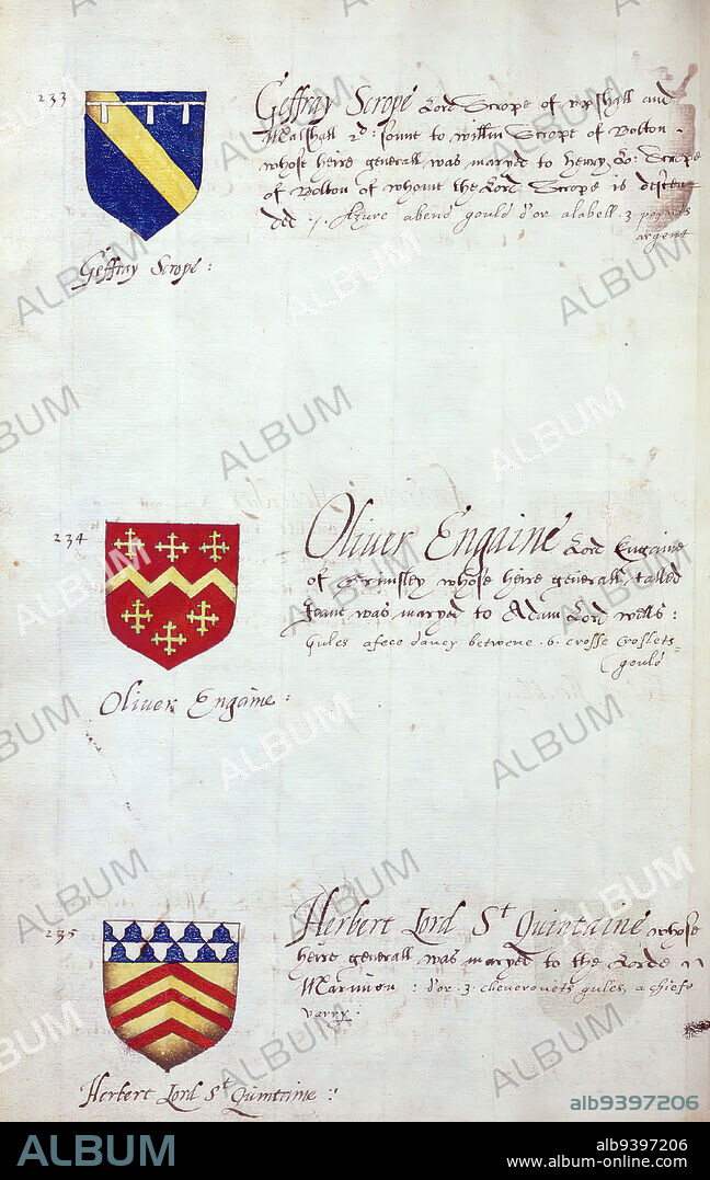 Book of English heraldry, Arms of Geffray Scrope, Oliver Engaine, and Herbert Lord St. Quintaine, This book of English heraldry was completed ca. 1589. The manuscript belonged to the Spencer family, as known through inscriptions on the first few flyleaves, including the motto 'Dieu defende Le Droit' (God defends the right). This motto has long been associated with the Spencer family of England, which is the family line of Princess Diana, as well as the Spencers who were among the founders of Virginia. The Spencer family's heraldry is included in the manuscript, along with the coats of arms of numerous prominent British families, including the Hasting, Gray, Beuford, and Percye families.