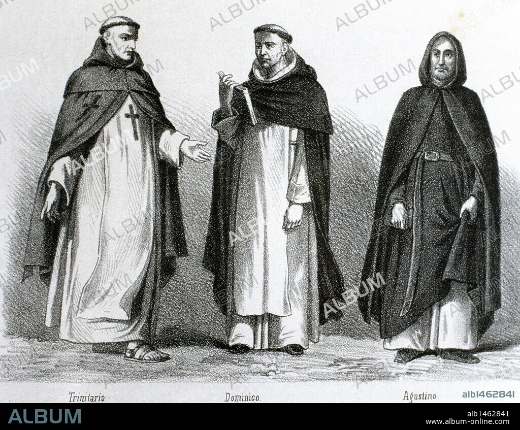 ORDENES RELIGIOSAS MENDICANTES EN LA EDAD MEDIA. De izquierda a derecha, FRAILES de la Orden de los TRINITARIOS, DOMINICOS y AGUSTINOS. Grabado del s. XIX.