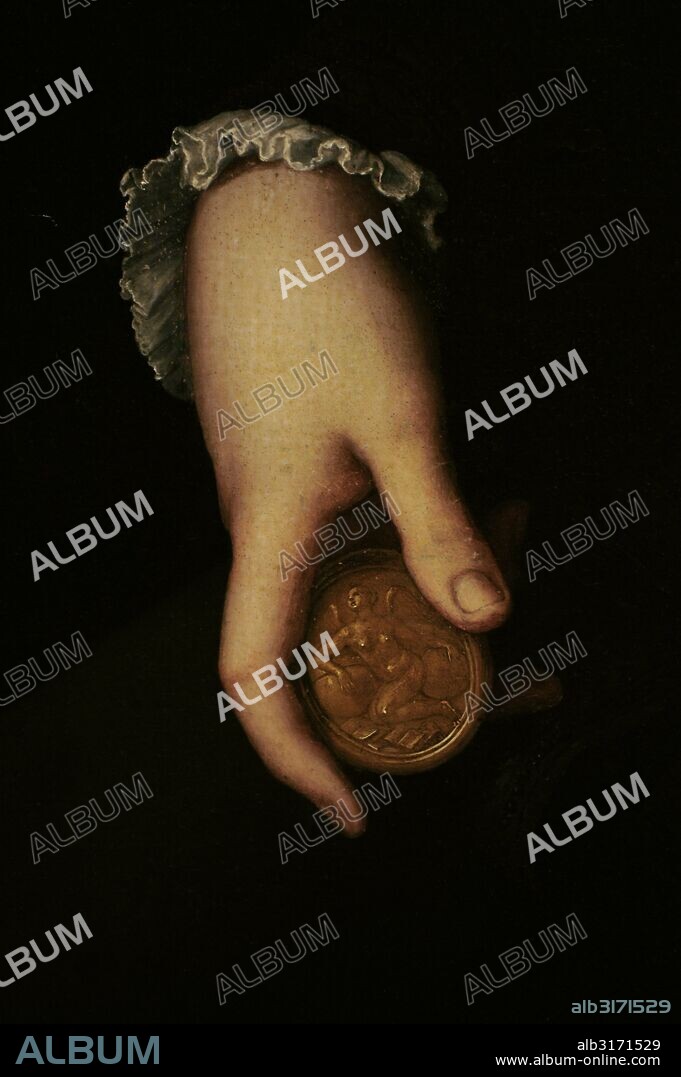 Cosimo I de Medici (1519-1574). Portrait by the Italian Mannerist painter Bronzino (Agnolo di Cosimo), (1503-1572). Detail. His hand holding a coin. Florentine School. 1537. Oil on canvas transferred form panel. The State Hermitage Museum. Saint Petersburg. Russia.