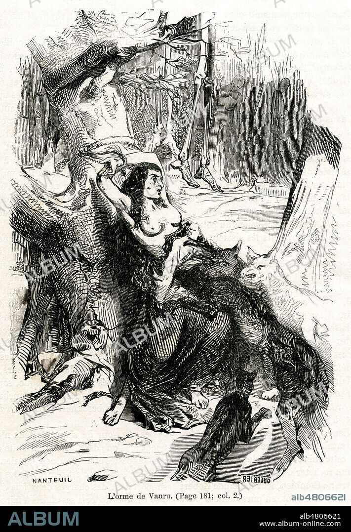 L'orme de VAURU. (Lors du siege de Meaux en 1422, le capitaine VAURU sequestrait des paysans a qui il demandait une rancon puis les pendait a un orme qui, dit la legende, supporta plus de 80 pendus. La femme de l'un d'eux fut attachee enceinte et fut devoree par les loups. Illustration de Celestin NANTEUIL (1813-1873) pour l'edition de 1876 de Histoire des paysans par Eugene BONNEMERE (1813-1893). Credit : Collection Jonas/Kharbine-Tapabor.