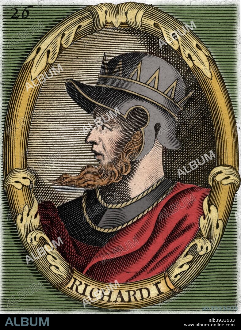 Richard I, King of England. The third son of Henry II and Eleanor of Aquitaine, Richard I (1157-1199) reigned as King of England from 1189-1199. The second of the Angevin (Plantagenet) kings of England, he was known as Richard Coueur de Lion (the Lionheart). Richard spent most of his reign abroad, first on the Third Crusade, then in captivity in Germany after Leopold V of Austria captured him on his way back from the Holy Land in 1192, and finally at war with France, where he was killed by an infected arrow wound. (Colorised black and white print).