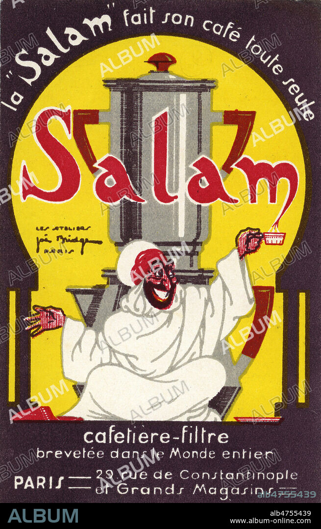 'La Salam fait son cafe toute seule'. Carte postale publicitaire pour une cafetiere, vers 1920. Illustration par Joe BRIDGE. Credit : Collection IM/KHARBINE-TAPABOR.