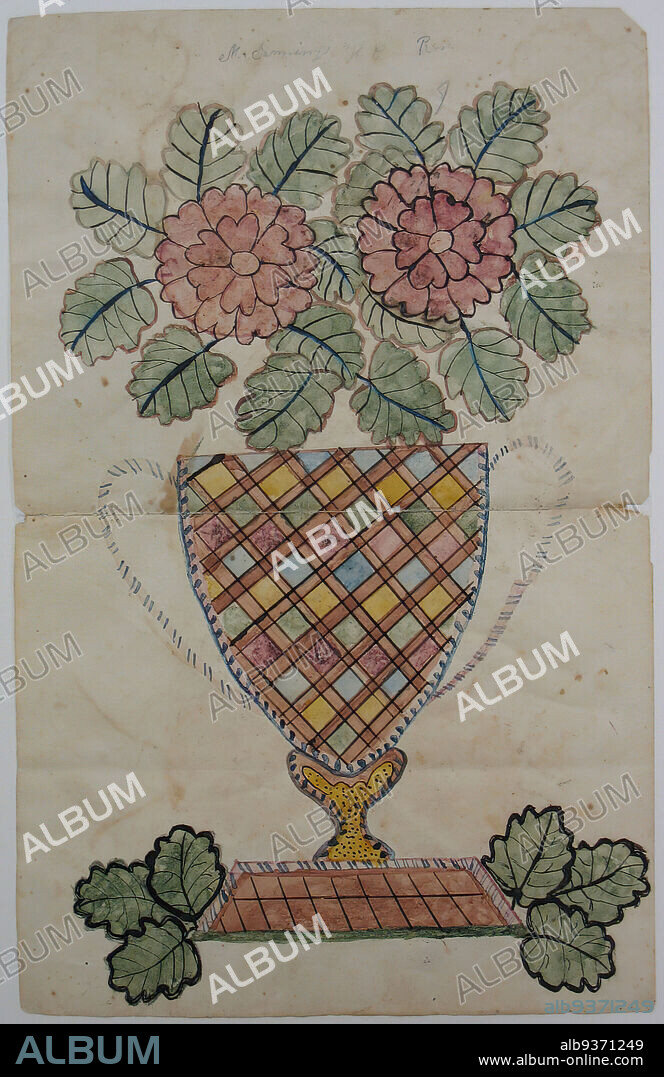 Wall Paper Design. Sheet No. 6, Sabine Richardson, American, Watercolor and ink on paper, ca. 1832, sheet: 12 3/8 x 7 7/8 in., 31.4 x 20 cm, craft, decor, decorative, design, domestic arts, flower, flowers, Folk art, geometric, leaves, oak leaves, simplistic, wall treatment, woman artist.