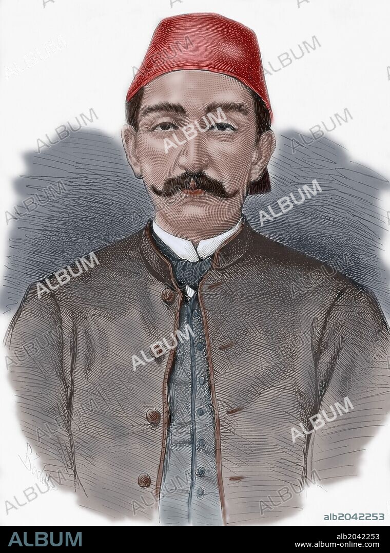 ABDUL-HAMID II (1842-1918). 34º Sultán del Imperio Otomano. El principal suceso de su reino fue la guerra Ruso-Turca (1877-1878). Como consequencia al "Tratado de San Stefano", se inició el desmembramiento del Imperio. Fué depuesto por la sublemación militar de los Jóvenes Turcos, para ser subtituido por su hermano Mehmed V. Grabado coloreado de "La Ilustración Española y Americana", Año 1876.