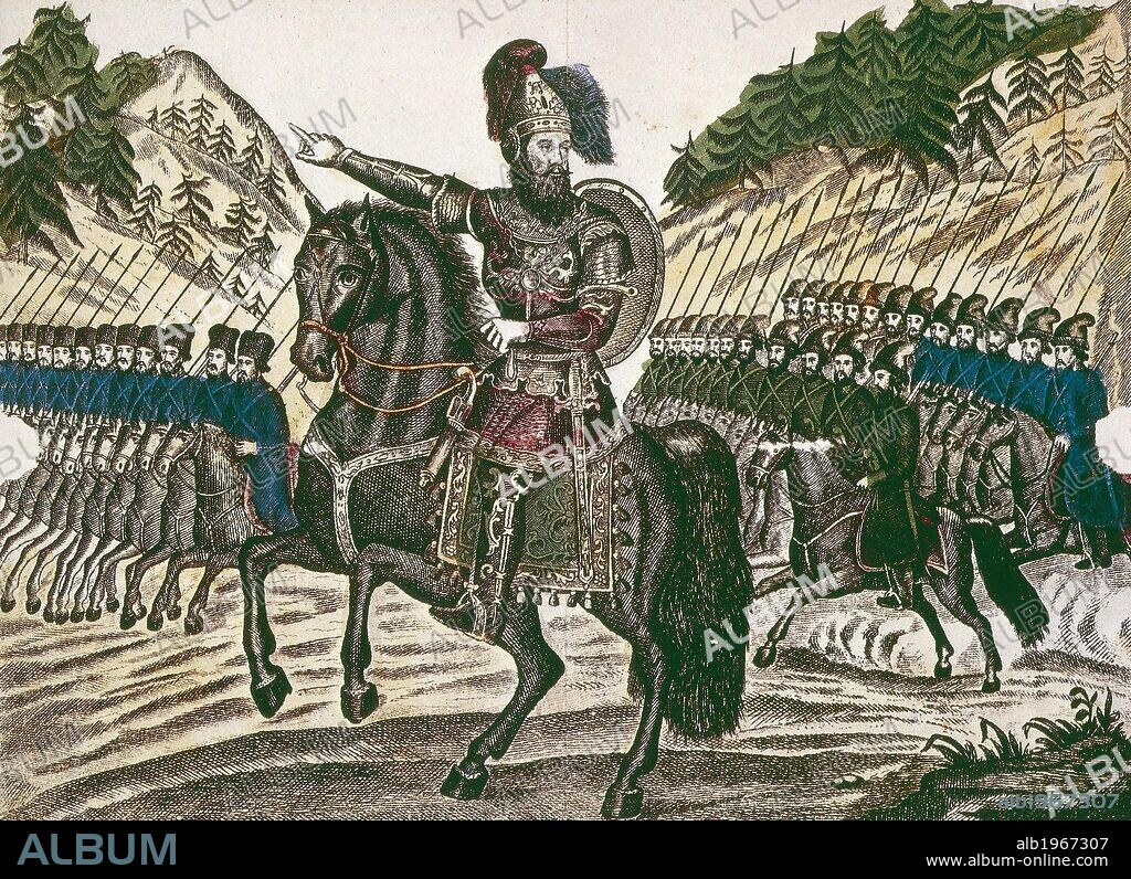 Yermak, Cossack Ataman, at the head of his troops. Russia, 16th century.