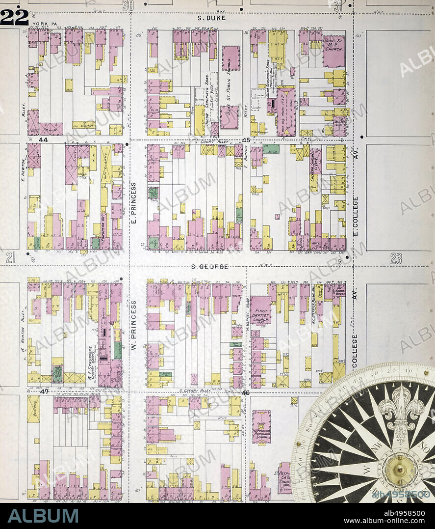 Image 22 of Sanborn Fire Insurance Map from York, York County, Pennsylvania. 1894. 68 Sheet(s). Includes Dallastown, Emigsville, Fairmount, Glen Rock, Goldsboro, Mayersville (or North York), New Freedom, Red Lyon, Seitzland, Seven Valley, Shrewsbury, York. Bound, America, street map with a Nineteenth Century compass.