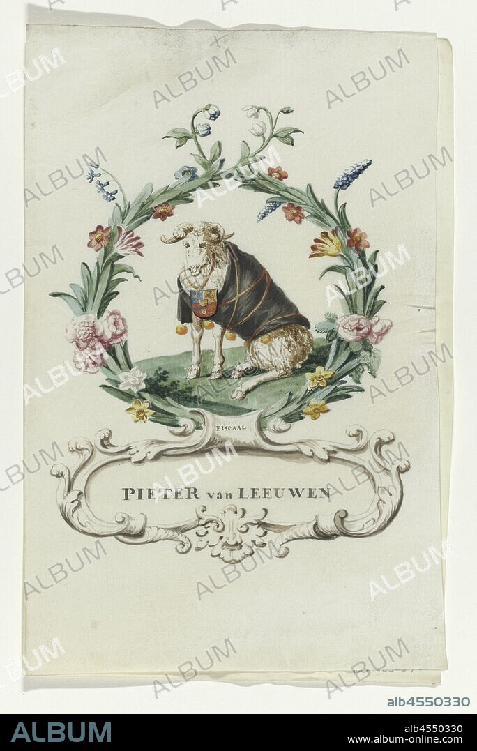 Cartoon of Pieter van Leeuwen, fiscal Regtspleging of Oldenbarnevelt (series title), fiscal of Van Oldenbarnevelt, ram with black cover with orange apples. In wreath of flowers and leaves, with cartouche below in which name and above 'fiscal'. Associated with series of watercolors in book, Johan van Oldenbarnevelt, Pieter van Leeuwen, anonymous, Netherlands, 1708 - 1795, parchment (animal material), watercolor (paint), ink, brush, h 23.5 cm × w 19 cm.