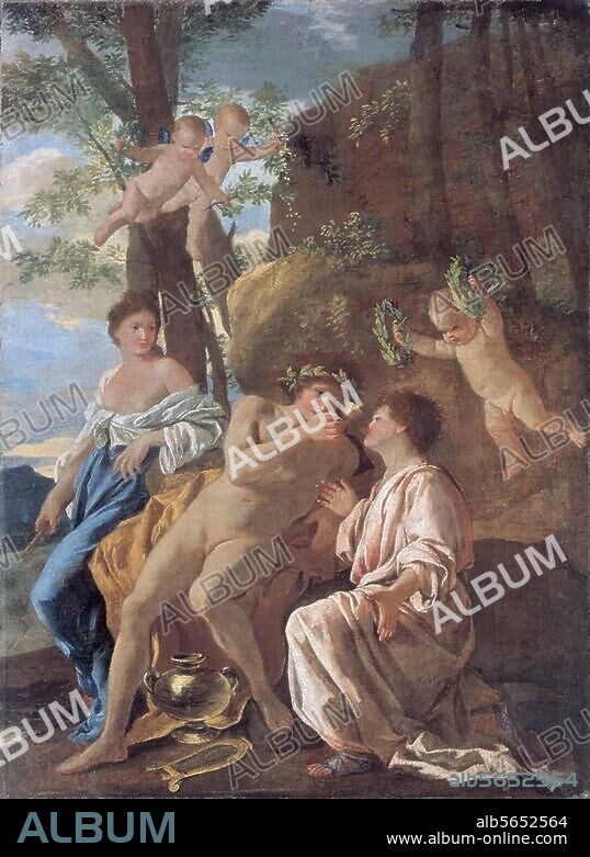 NICOLAS POUSSIN. Poussin, Nicolas. 1594-1665. "The Inspiration of Anacreon" (On Parnassus) c 1635. (Apollo, Euterpe and Anacreonl the figure of the poet has also been identified as Porperz or Ovid). Oil on canvas, 94 × 69.5cm. Hanover, State Museum of Lower Saxony.