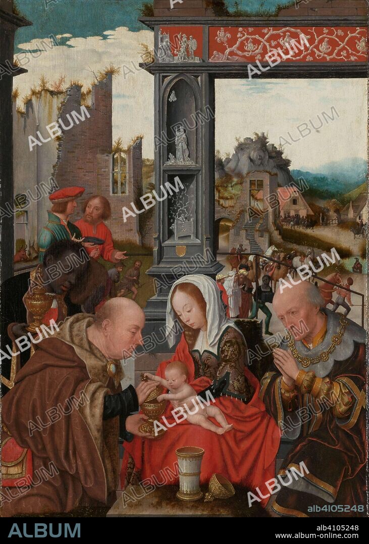 JAN JANSZ MOSTAERT. The Adoration of the Magi. Dating: c. 1520 - c. 1525. Place: Haarlem. Measurements: support: h 51 cm × w 36.5 cm; t 1.3 cm; painted surface: h 48.5 cm × w 34 cm.