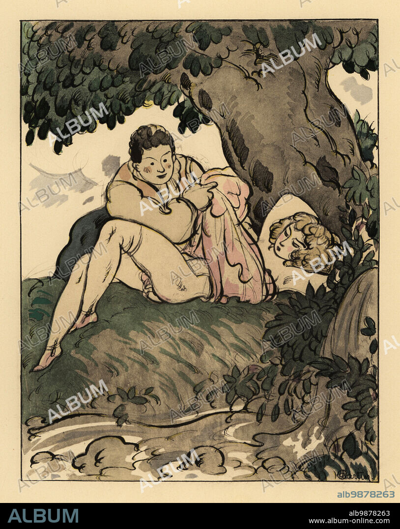 A man removing a womans dress under a tree. The wife swappers. Les troquers. Lithograph handcoloured in pochoir (stencil) after an illustration by Charles Martin from Jean de la Fontaines Contes et Nouvelles en Vers, Tales and Novellas in Verse, Libraire de France, Paris, 1930.