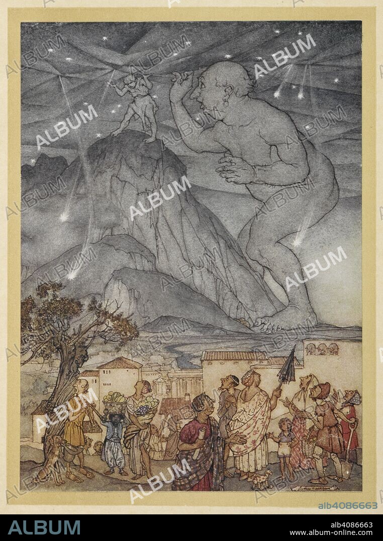 ARTHUR RACKHAM and NATHANIEL HAWTHORNE. Atlas with Hercules,watched by a village below. Hawthorne's Wonder Book...Illustrated by Arthur Rackham. London : Hodder & Stoughton, [1922]. 'Hercules gave a great shrug of his shoulders. It being now twilight, you might not have seen two or three stars tumble out of their places.'. Source: 04504.h.24 facing p. 130.