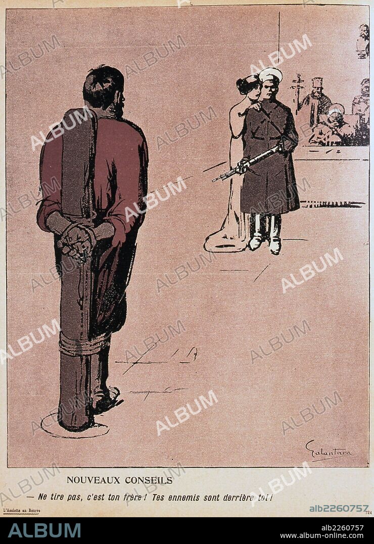 New Counsels: Woman whispering in the ear of the Russian executioner not to shoot the prisoner tied to the stake, saying "Your enemies are behind you", namely the Church, Secret Police and the State. Cartoon from "L'Assiette au Beurrre", Paris, 10 February 1906.