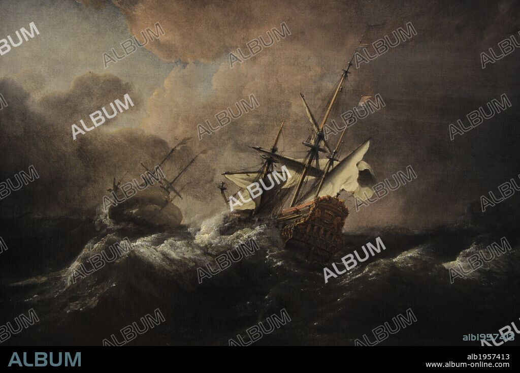 ARTE BARROCO. PAISES BAJOS. Willem van de Velde el Joven (1633-1707). Pintor neerlandés. "Barcos holandeses en una tormenta frente a una costa rocosa", 1672. Óleo sobre lienzo. Museo Nacional de Arte de Copenhague o Statens Museum for Kunst. Dinamarca.