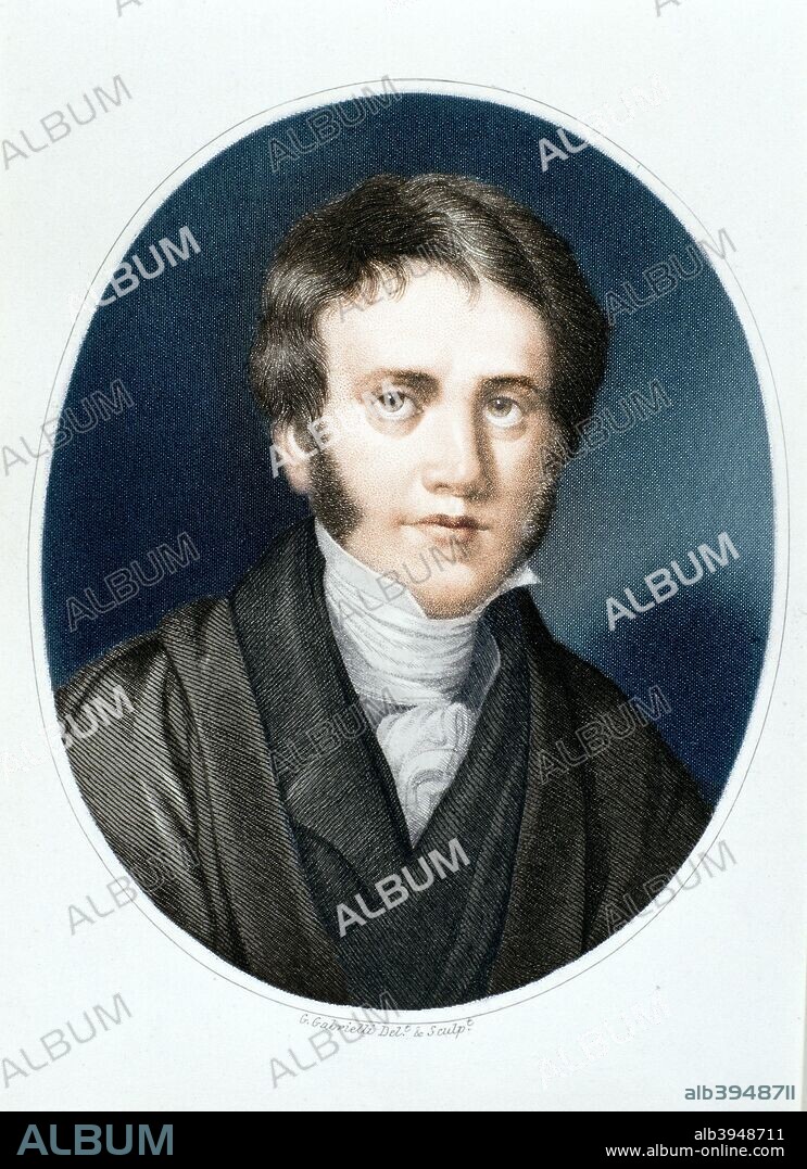 Sir John Herschel, astronomer and scientist, 1810s. Portrait of John Herschel as a young man. The son of astronomer Sir William Herschel, John Herschel discovered 525 nebulae and clusters. He pioneered celestial photography, introducing 'hypo' (thiosulphate) as a photographic fixative. He discovered the cyanotype or blueprint process in 1842, and carried out research on photo-active chemicals and the wave theory of light.  (Colorised black and white print).