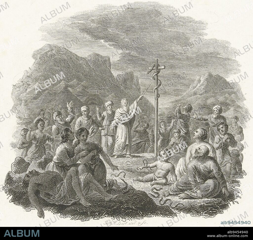 Israelites cured of poisonous snake bites by looking at bronze snake of Moses, Johannes Alexander Rudolf Best, 1807 - 1855, print maker: Johannes Alexander Rudolf Best, (mentioned on object), Johannes Alexander Rudolf Best, (mentioned on object), Amsterdam, 1807 - 1855, paper, etching, h 252 mm - w 164 mm.
