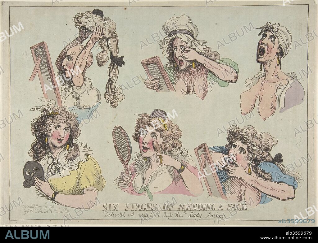 Six Stages of Mending a Face, Dedicated with respect to the Right Hon-ble. Lady Archer. Artist: Thomas Rowlandson (British, London 1757-1827 London). Dimensions: Sheet: 10 13/16 × 15 1/8 in. (27.4 × 38.4 cm). Publisher: Samuel William Fores (British, 1761-1838). Date: May 29, 1792.
Rowlandson mocks the extreme measures that an aging socialite pursues to appear young and beautiful. She is shown unadorned at upper right-bald, toothless, half-blind and with fallen breasts-then progressively "mends" herself by inserting a false eye and teeth, putting on a long curled wig, and transforming her face and arms with cosmetics. Fashionable clothes and jewelry, and rouge applied with a rabbit's foot, complete the illusion, until she is ready to attend a masquerade. Lady Sarah Archer, evoked in the print's dedication, was often mocked by caricaturists for her heavy use of cosmetics. In the eighteenth century make-up was popular among upper class women but also was much criticized. Since face paint and rouge often contain high levels of lead, they could be dangerous, and their users were condemned for sacrificing health to vanity.