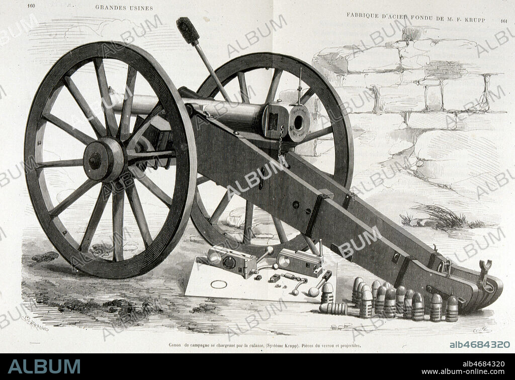 Canon Krupp se chargeant par la culasse. Illustration anonyme pour Fabrique d'acier fondu de M. Krupp en Allemagne repris dans Les grandes usines par TURGAN. Credit : Jean Vigne / Kharbine-Tapabor.