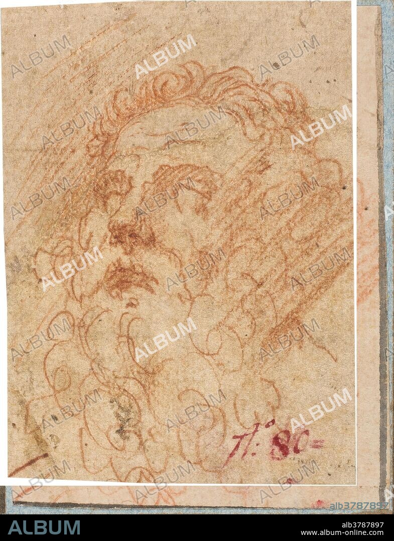 Parmigianino. Girolamo Francesco Maria Mazzola (Atribuido a) / 'Cabeza de hombre con barba'. Primer tercio del siglo XVI. Sanguina sobre papel amarillento, 90 x 65 mm.
