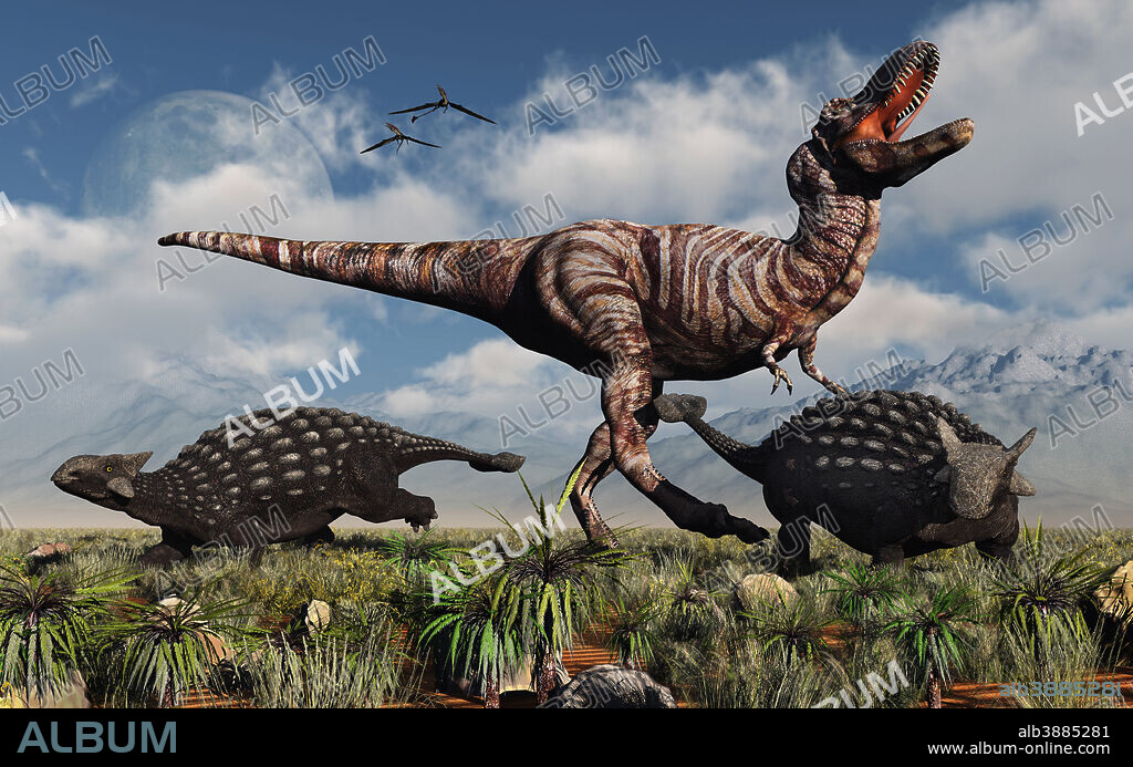 A pair of Ankylosaurus herbivore dinosaurs defending themselves against a deadly carnivorous T.Rex during Earth's Cretaceous Era.