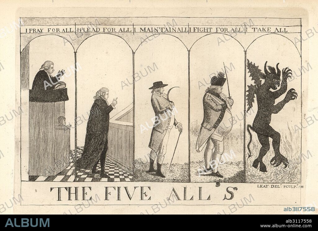 The Five Alls: preacher Reverend Andrew Hunter, lawyer Henry Erskine, farmer James Rocheid, soldier Quarter-Master Taylor and his Satanic Majesty the Devil. Copperplate engraving by John Kay from A Series of Original Portraits and Caricature Etchings, Hugh Paton, Edinburgh, 1842.
