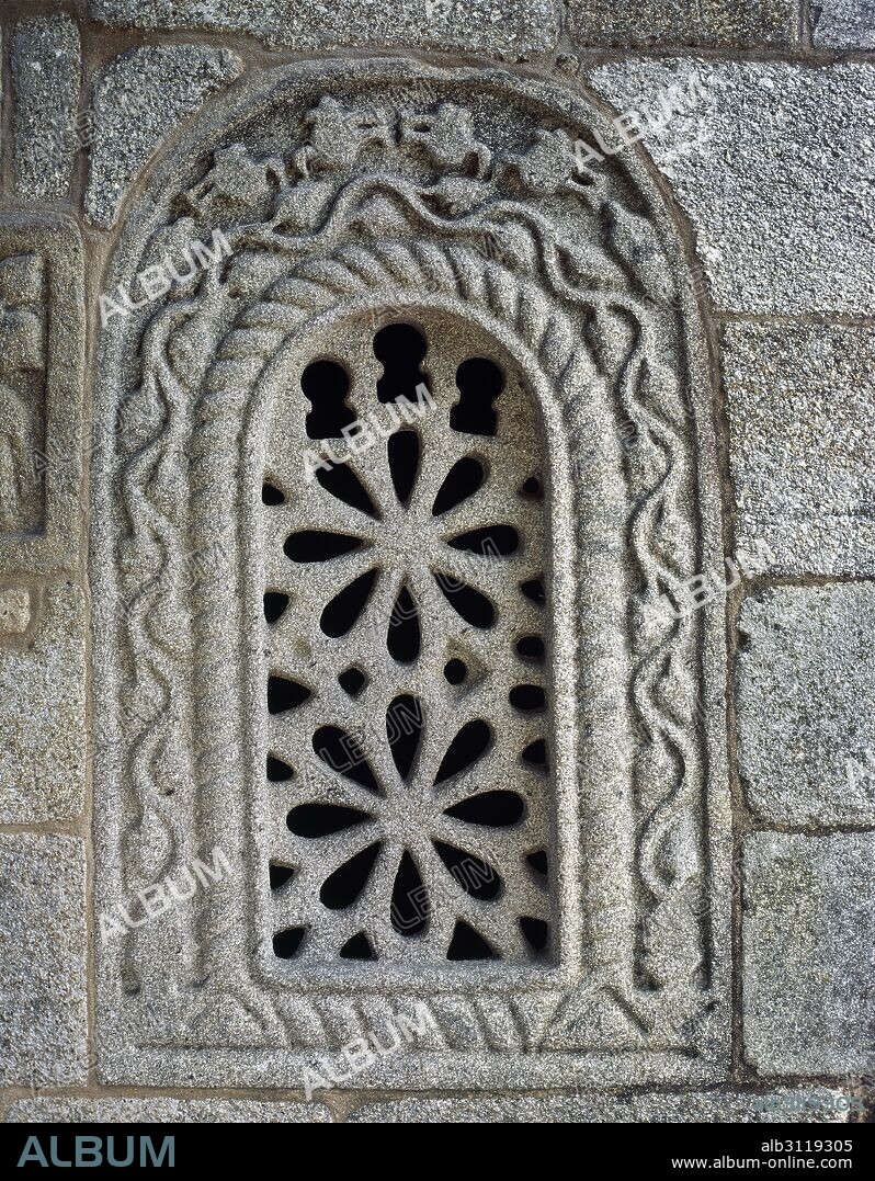 Pre-Romanesque Art. Spain. Galicia. Church of San Gines in Francelos. Built ca. 900. Facade. Detail with a window decorated with ornate stone shed.